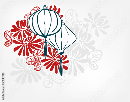 japanese vector sketch illustration engraved chinese paper lights lantern card