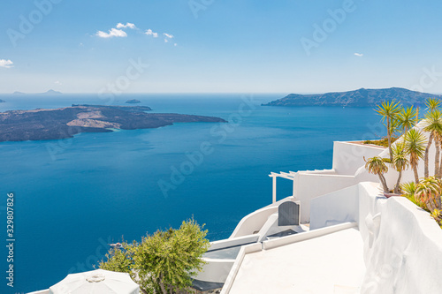 Wonderful scenery of white architecture and blue sea view of Santorini island. Picturesque spring sunrise on the famous Greek resort Thira  Greece  Europe. Traveling concept background.