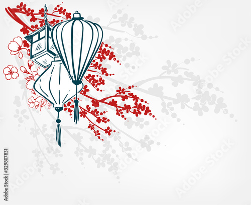 japanese vector sketch illustration engraved chinese paper lights lantern card sakura