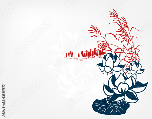 japanese vector sketch illustration engraved chinese pond lily bulrush card