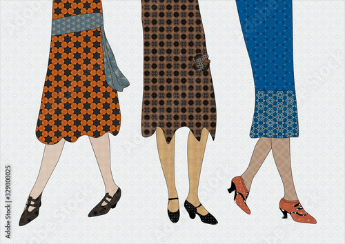 Three female bodies with vintage shoes and dresses