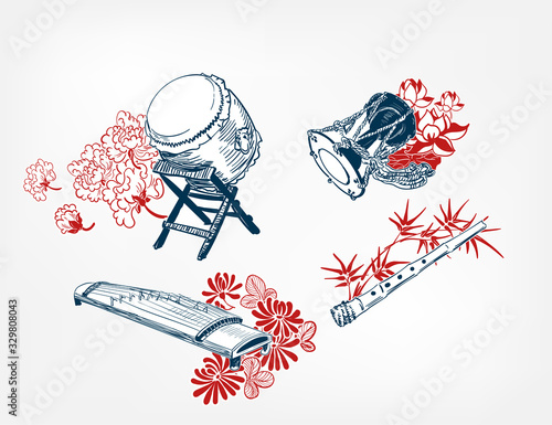 koto taiko drum Kotsuzumi fue flute japanese vector sketch illustration engraved chinese musical instrument design elements
