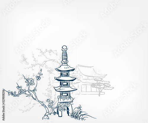 toro stone lighting card vector sketch illustration line art japanese chinese oriental design