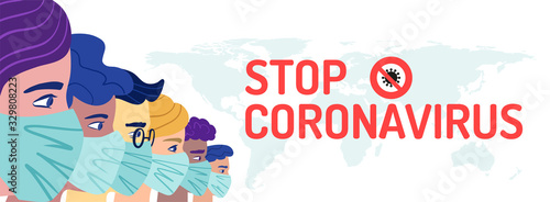 A group of people wearing a protective medical mask to prevent coronavirus. Vector concept of coronavirus quarantine.