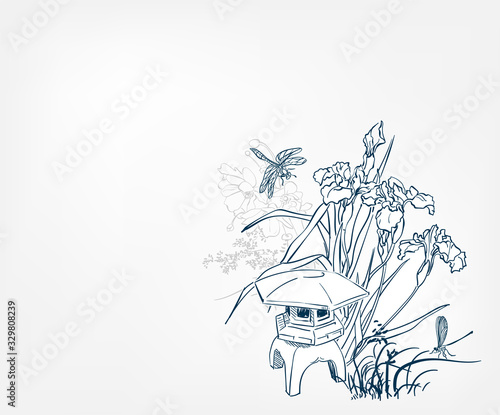 toro stone lighting card vector sketch illustration line art japanese chinese oriental design