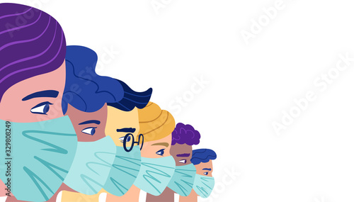 A group of people wearing a protective medical mask to prevent coronavirus. Vector concept of coronavirus quarantine.