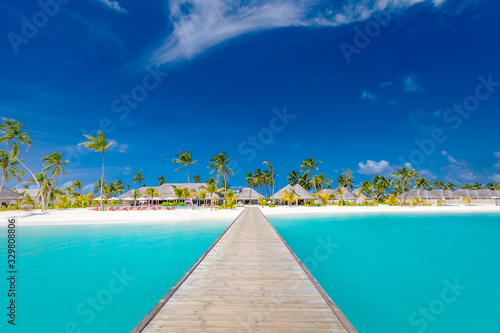 Maldives beach with luxurious water villas and loungers beautiful tropical scene. Luxury summer travel destination background concept. Beach and bay mood for summer vacation or holiday design