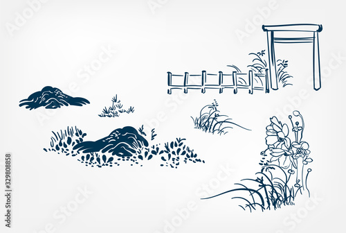 Fototapeta vector ink illustration sketch japanese chinese style line art design stone grass flower fence design elements ground