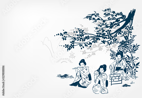 vector ink illustration sketch japanese chinese style line art design kimono girl plays music and dances under sakura japan view traditional spring