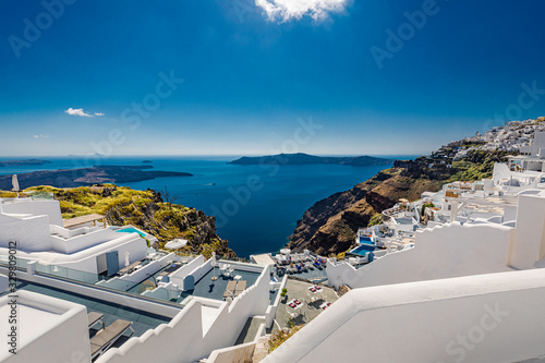 Amazing summer landscape. White architecture on Santorini island, Greece. Beautiful summer landscape, sea view.