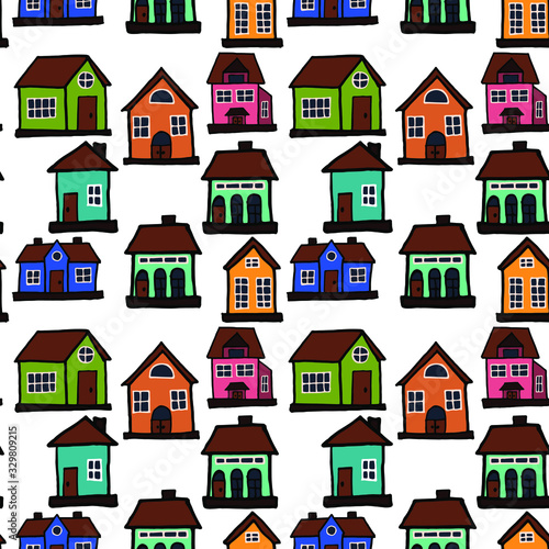 Cute hand drawn pattern with houses © Elena Mykhailenko