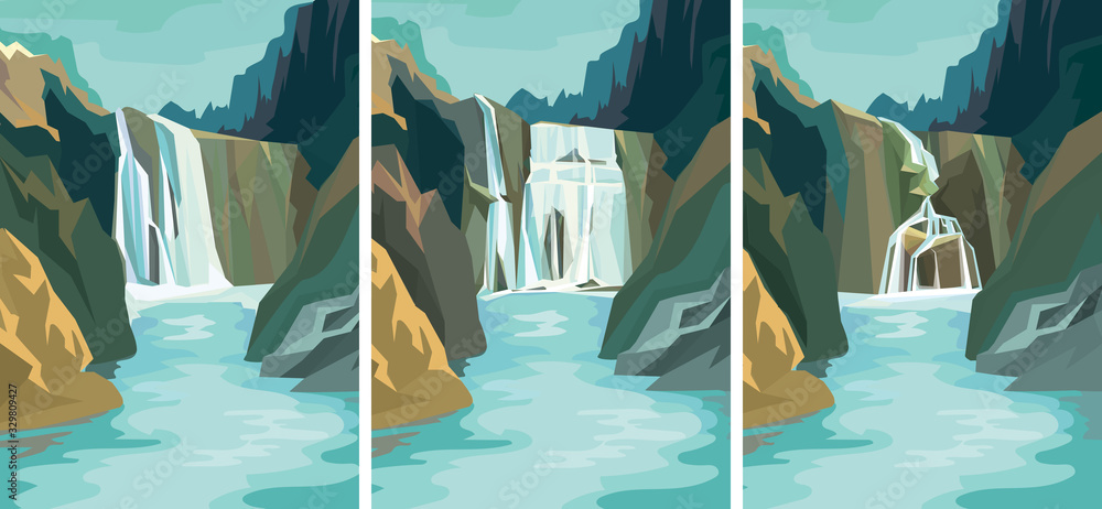 Fototapeta Set of beautiful waterfall landscapes. Vector illustrations in cartoon style.