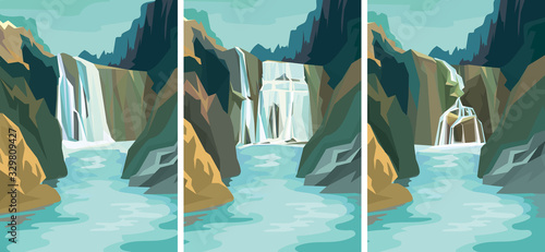 Set of beautiful waterfall landscapes. Vector illustrations in cartoon style. photo