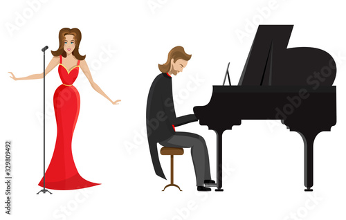 Vector set of musicians. Singer and pianist in cartoon style isolated on white background.
