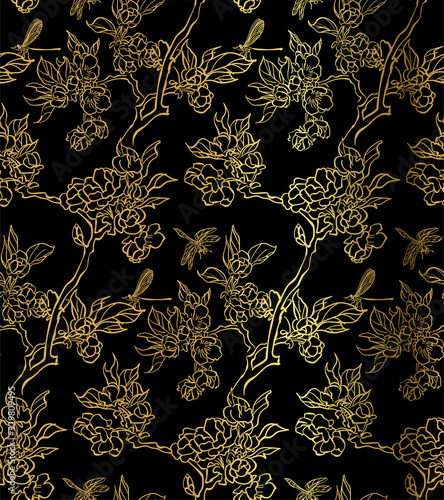 apple blossom branch vector seamless japanese chinese pattern gold black traditional