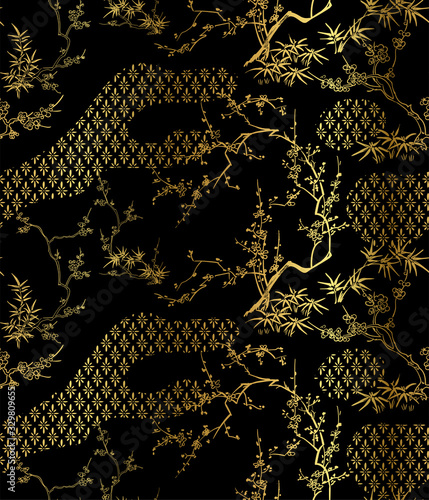 bamboo peach flower branch vector seamless japanese chinese pattern gold black traditional
