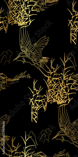 heron bulrush vector seamless japanese chinese pattern gold black traditional