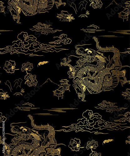 dragon sky chrysantemum vector seamless japanese chinese pattern gold black traditional