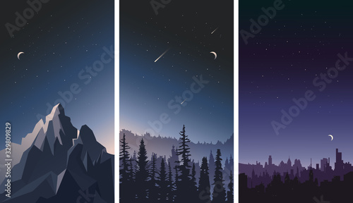 Vector set of night sky landscapes. City, mountains and forest on a background of stars. photo