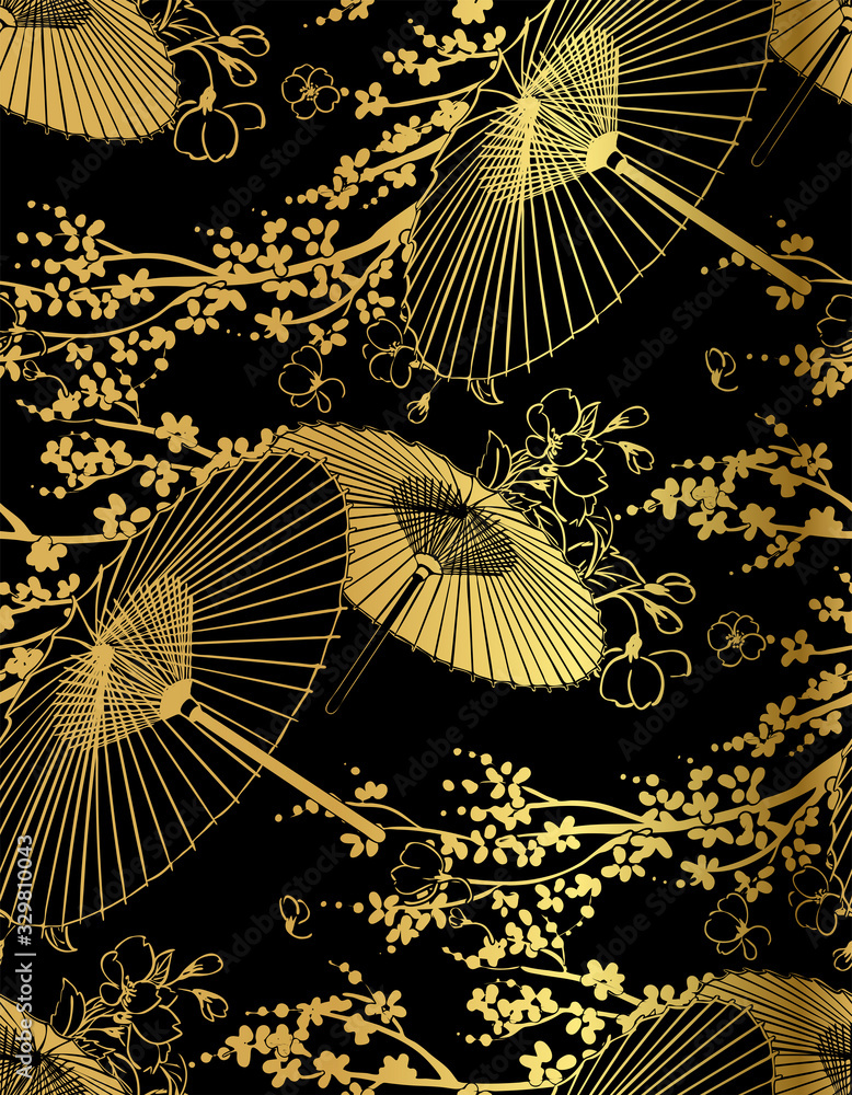 fan flower unbrella vector japanese chinese seamless pattern design gold black