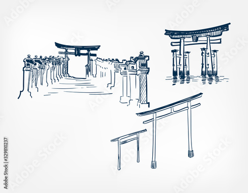 water gates thorium toro alley vector sketch illustration japanese chinese oriental line art design elements