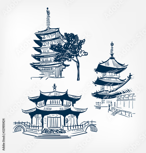 buddhism temple set vector sketch illustration japanese chinese oriental line art design elements