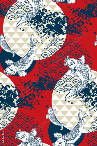 koi fish wave water circles japanese chinese vector design pattern