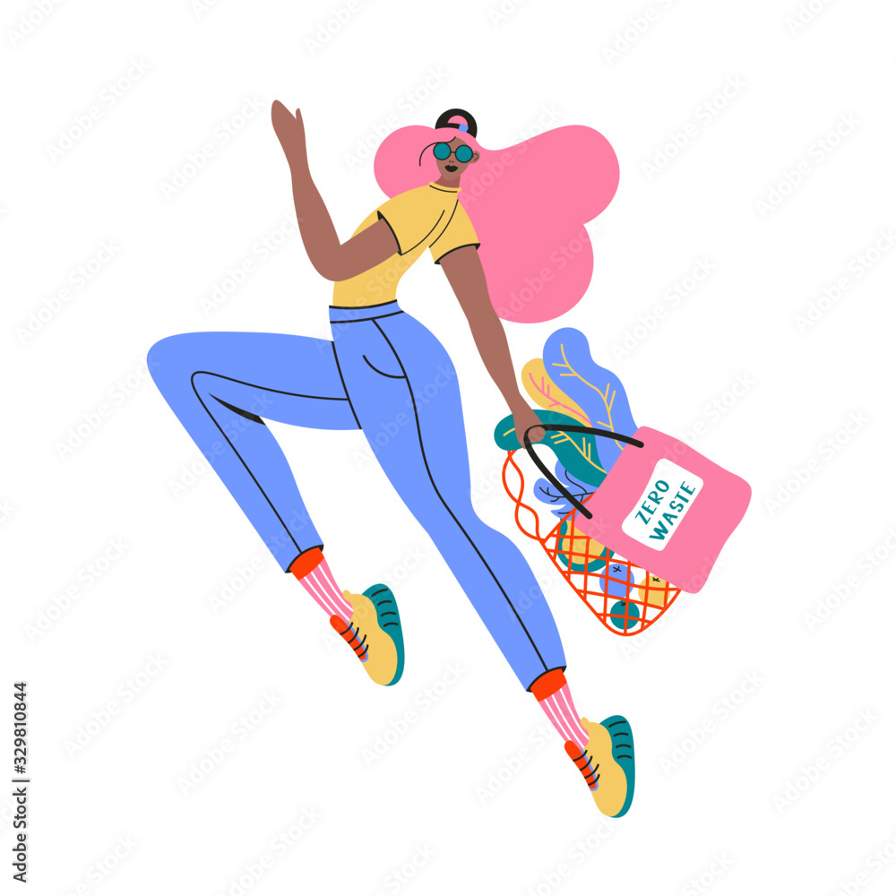 Cute character of young girl walking with eco bag in hipster cartoon style  with eco bags. Modern vector doodle illustration. Eco friendly, save the  planet, reuse Stock Vector