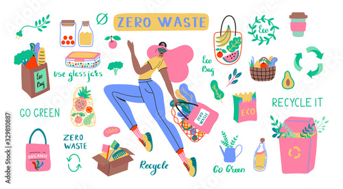 Collection of Zero Waste durable and reusable items or products - glass jars, eco grocery bags, wooden cutlery, comb, toothbrush and brushes, thermo mug. Flat vector set illustration 