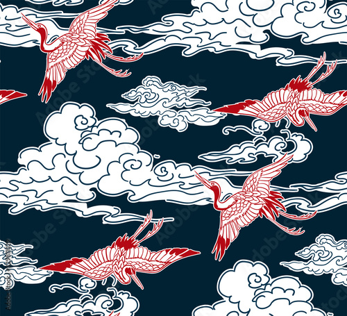 crane birds sky cloud japanese chinese vector design pattern