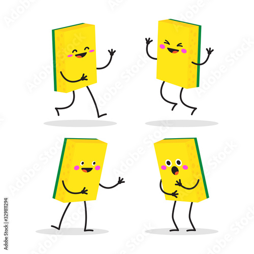 Set of sponge for washing dishes characters in different situations and poses.