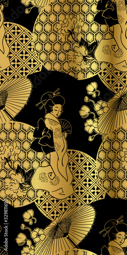 geisha girl fan umbrella kimono circles japanese chinese vector design pattern black gold