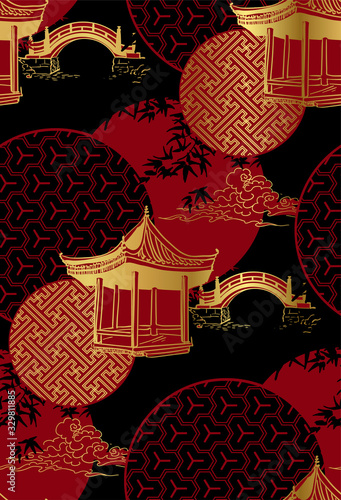 alcove bridge maple circles japanese chinese vector design pattern black gold