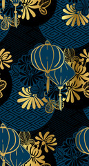 Wandcirkels Blauw goud patronen Japanse lampionnen patroon zwart goud  © CharlieNati