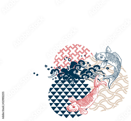 fish sea water circles japanese chinese vector design pattern card