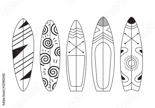 Set of five doodle surfs with patterns. Rest on the sea, extreme, hobbies and adrenaline on the waves. Isolated vector illustration on white background.