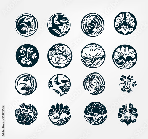 japanese chinese vector design heraldic badge set flower