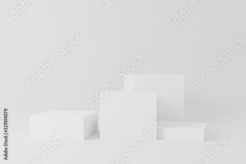 3d rendered illustration with geometric shapes. white cube podium platforms for cosmetic product presentation top light. Abstract composition in modern style. mock up minimal design with empty space