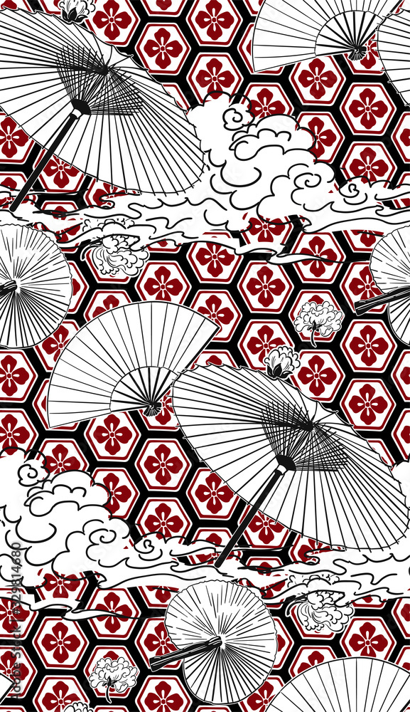 umbrella fan japanese chinese design vector seamless pattern