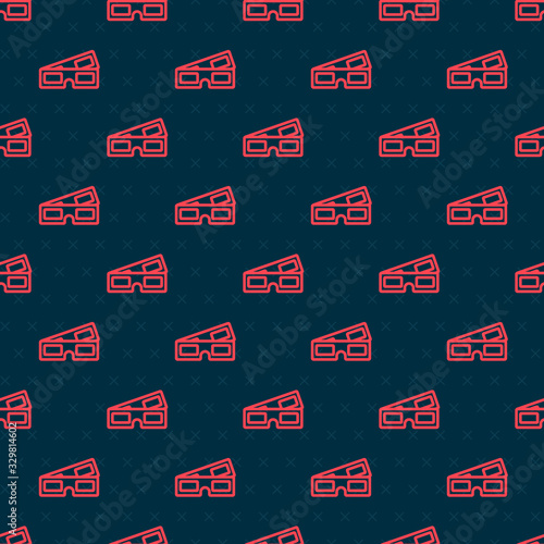 Red line 3D cinema glasses icon isolated seamless pattern on black background. Vector Illustration