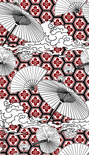 umbrella fan japanese chinese design vector seamless pattern