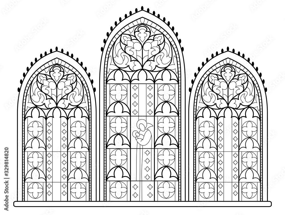 Black And White Drawing For Coloring Book Beautiful Medieval Stained Glass Window In French Churches Gothic Architectural Style In Western Europe Worksheet For Children Fantasy Vector Image Stock Vector Adobe Stock