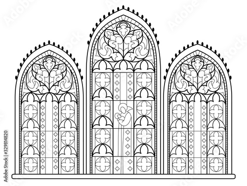 Black and white drawing for coloring book. Beautiful medieval stained glass window in French churches. Gothic architectural style in western Europe. Worksheet for children. Fantasy vector image.