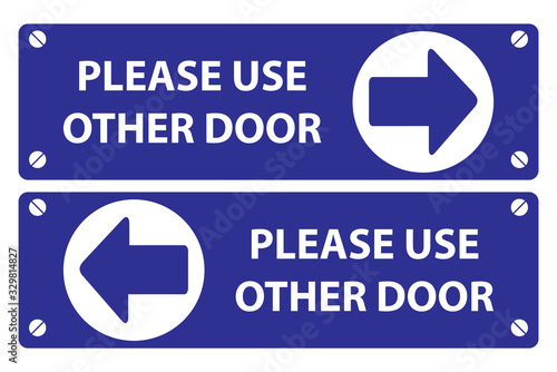 Please use other door sign on blue background white text and blue arrow in white circle. vector sign board.