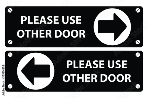 Please use other door sign on black background white text and black arrow in white circle. vector sign board.