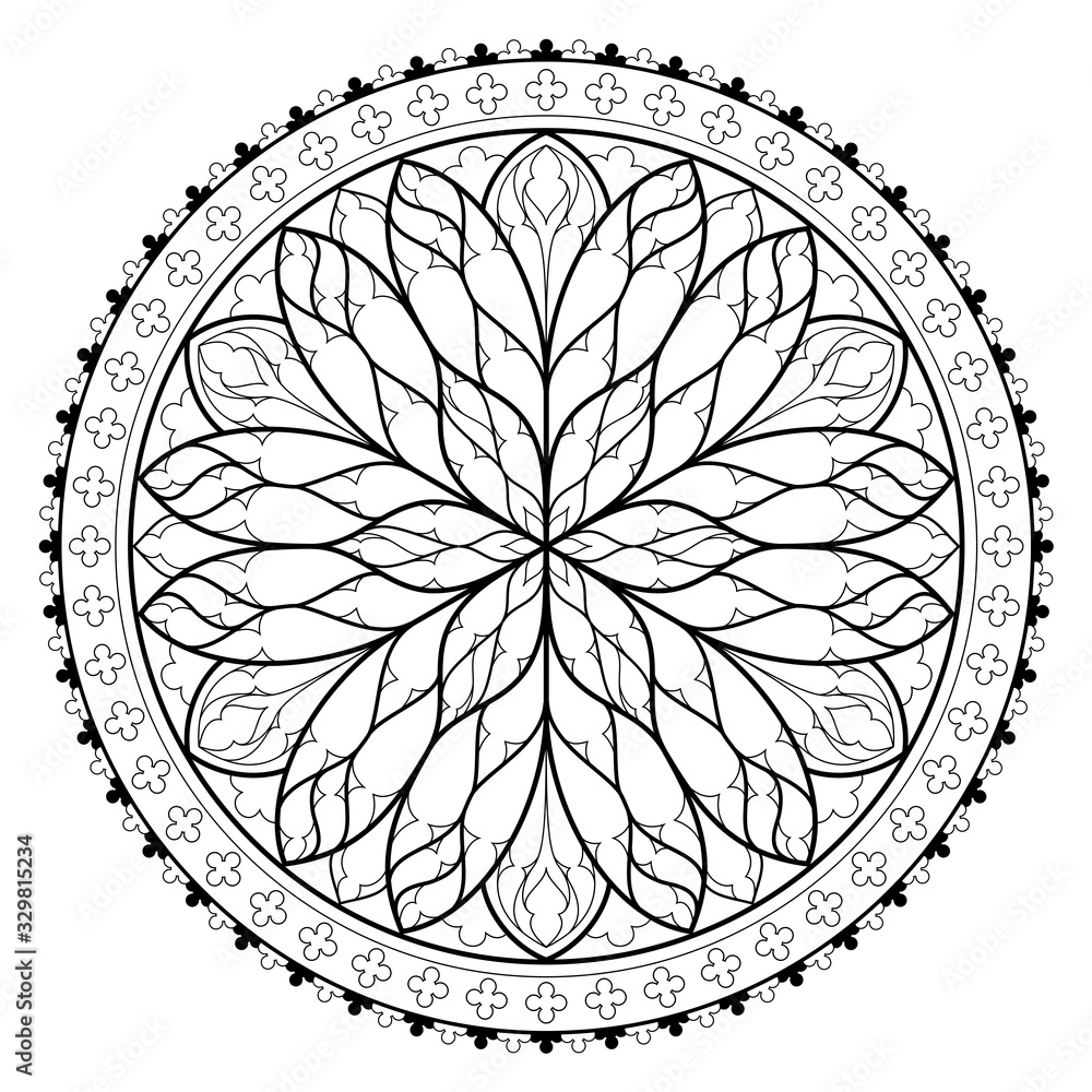 Black and white page for coloring book. Fantasy drawing of beautiful Gothic rose  window with stained glass. Medieval architecture in western Europe.  Worksheet for children and adults. Vector image. Stock Vector