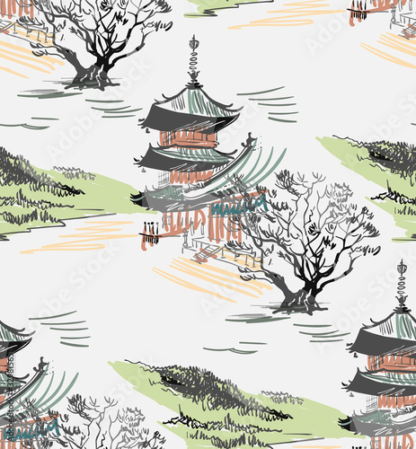 temple nature landscape view vector sketch illustration japanese chinese oriental line art seamless pattern