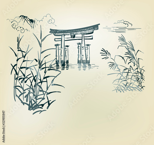 thorium temple nature landscape view vector sketch illustration japanese chinese oriental line art