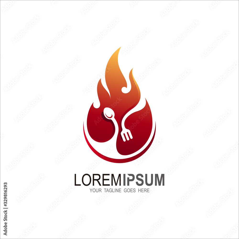 Fire logo with spoon and for, restaurant logo template cooking logo, red and fire design vector Fire logo with spoon and for, restaurant logo template cooking logo, red and fire design vector