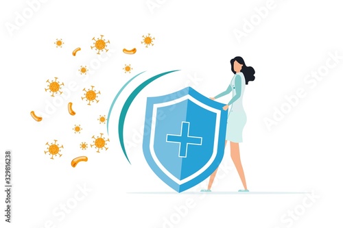 Immune system vector icon logo. Health bacteria virus protection. Medical prevention human germ. Healthy man reflect bacteria attack with shield. Boost Immunity with medicine concept illustration